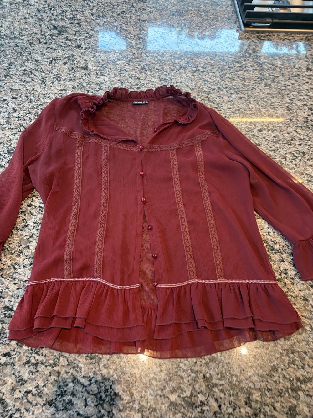 George Burgundy Ruffled Button-Front Blouse - Picture 3 of 4